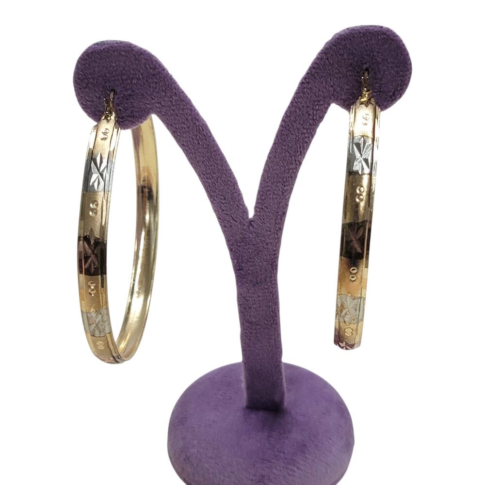 Vintage Tri Color Diamond Cut Hoop Earrings Gold Tone Latch Back Round